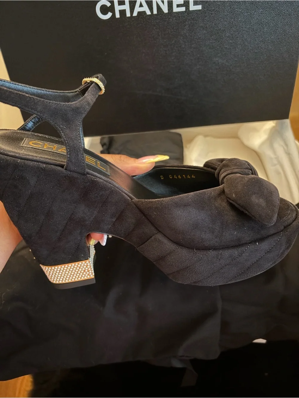 CHANEL Black Suede Platform Sandals with Bow and Pearl Heel Accent